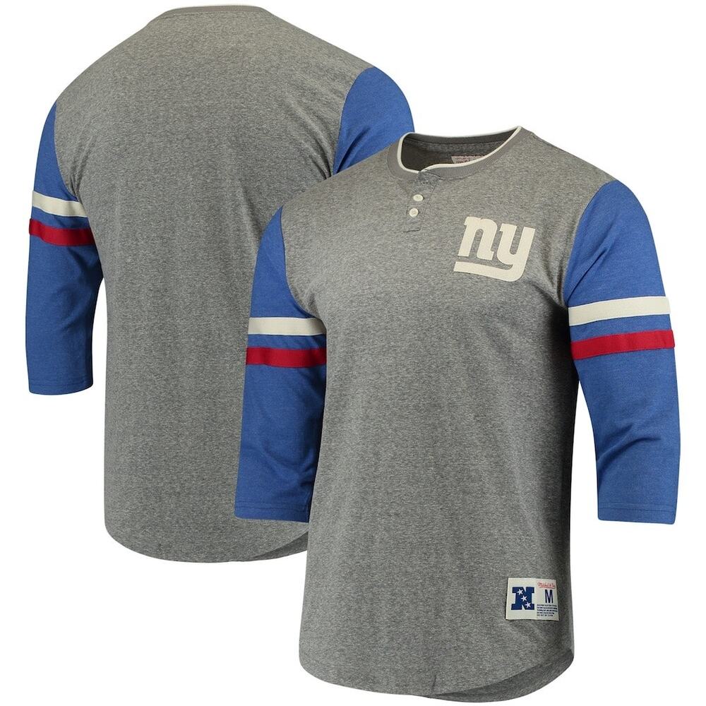 Mitchell & Ness New York Giants Homestretch Henley Gray 3/4 Sleeve T Shirt M